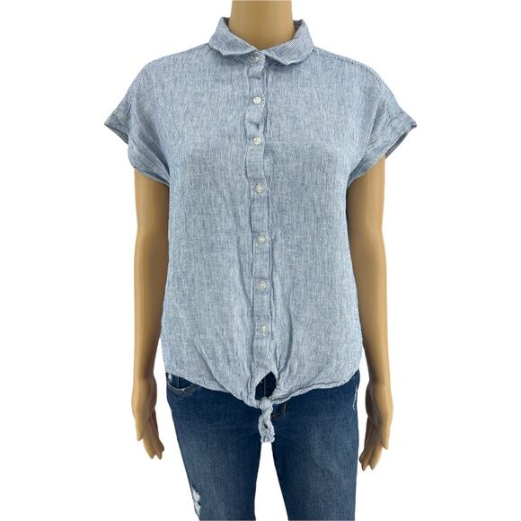 Weatherproof (S) Blue Pinstripe Washable Linen Cap Sleeve Knot Tie Crop Top - Picture 1 of 6